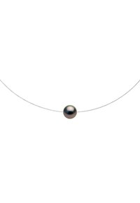 Collier à simple brin mettant en avant une grande perle ronde et sombre, centrée sur un fil transparent fin. Design minimaliste avec une surface polie.