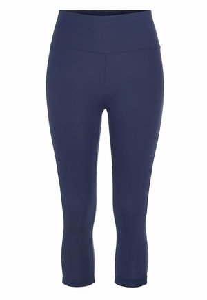 Marineblauwe capri-leggings van gladde, rekbare stof. Hoge tailleband en enkellange pasvorm. Geen zichtbare naden of patronen.