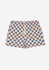 Pantaloni da bagno con un design a motivo che presenta quadrati alternati in blu, bianco e arancione, con chiusura con cordino e una texture morbida.