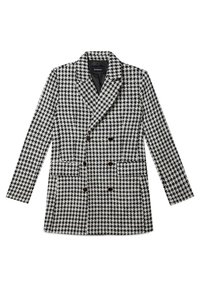 Manteau croisé en motif pied-de-poule noir et blanc, avec revers à encoche, deux poches devant et quatre boutons dorés.