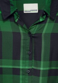 Camicia a quadri verde e nera con bottoni neri e un'etichetta bianca all'interno del colletto che riporta la scritta "CECIL" e un piccolo testo verde.