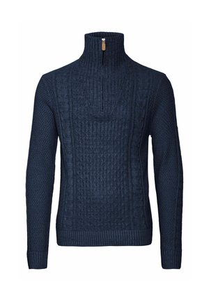 Marineblauwe gebreide trui met hoge kraag en halve rits. Beschikt over een gestructureerd kabelpatroon en geribbelde manchetten en zoom.
