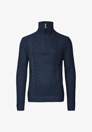 Dunkelblauer Strickpullover mit hohem Kragen und halbem Reißverschluss. Mit strukturiertem Kabelmuster sowie gerippten Bündchen und Saum.