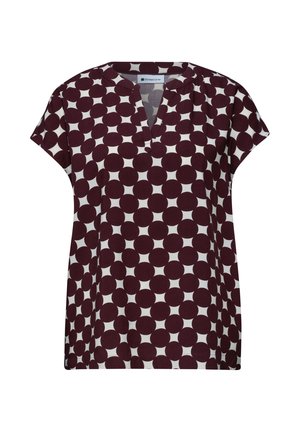 Kortærmet bluse med vinrødt cirkelmønster på hvid, med V-hals og løs pasform.