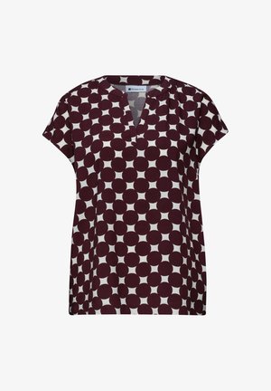 Kortærmet bluse med vinrødt cirkelmønster på hvid, med V-hals og løs pasform.