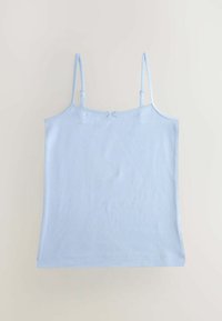 Helles blaues Trägershirt mit dünnen, verstellbaren Trägern, das ein schlichtes Design und ein kleines Schleifendetail hinten aufweist. Weicher, dehnbarer Stoff.