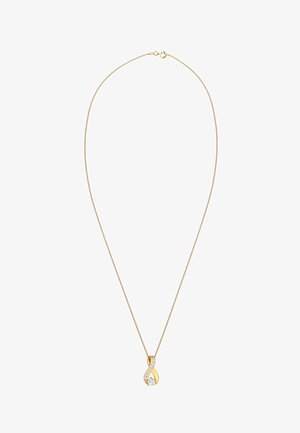 Guldhalskæde med en uendelighedspendant. Pendanten har en klar sten og er udsmykket med små funklende detaljer. Hovedet har et slankt og glat kæde-design.