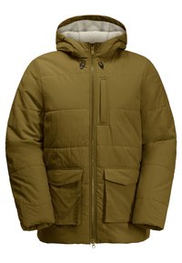 Olivgrön vadderad jacka med huva, dragkedja fram, två stora framfickor och mjukt foder. Har en mittlång skärning och quiltad design.