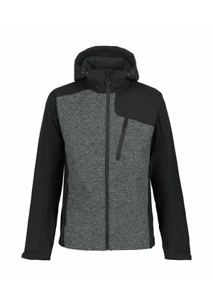 Black and grey hooded jacket with full front zipper, zippered chest pocket on the right, and long sleeves.