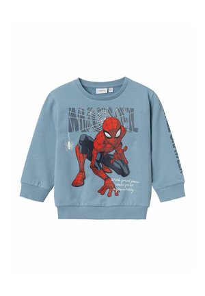 Blå bomulds-sweatshirt med Spider-Man grafik, ribbede manchetter og kant samt teksten "Marvel" og et citat på forsiden.