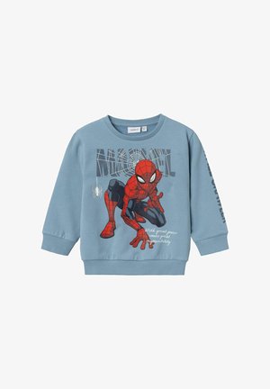 Niebieska bawełniana bluza z nadrukiem Spider-Mana, ściągaczami na rękawach i u dołu oraz napisem „Marvel” i cytatem na przodzie.