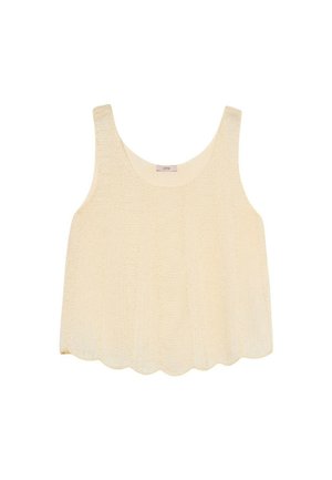 Créme-kleurige mouwloze tanktop van een textuurstof, met een gegolfde zoom en een ronde halslijn. Licht en ademend ontwerp.