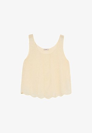 Tricou fără mâneci de culoare crem, dintr-un material texturat, cu un tiv ondulat și un decolteu rotund. Design ușor și respirabil.