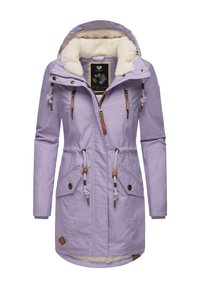 Lavender jacket with a faux shearling-lined hood, adjustable waist, zippered chest pockets, and leather accents on drawstrings and hem.