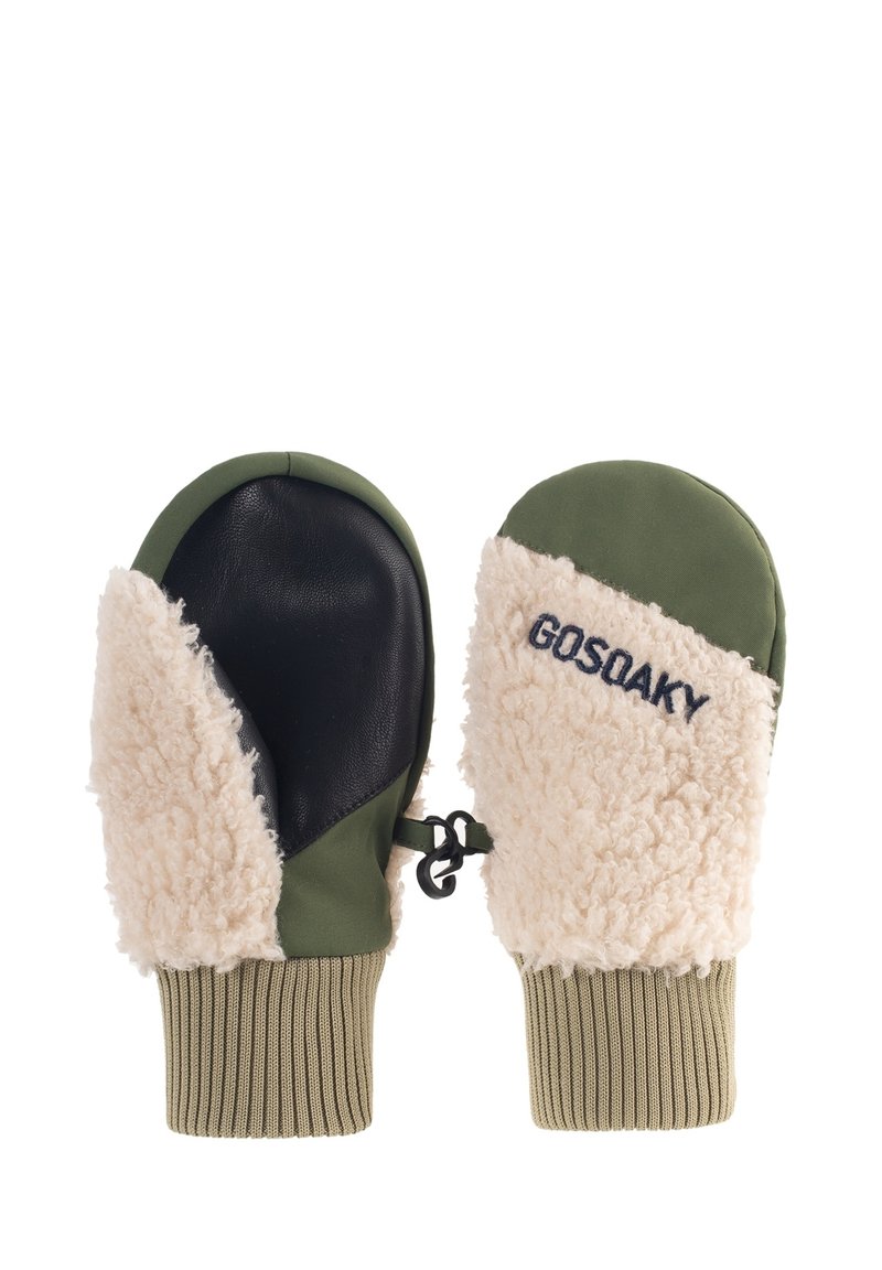 Guanti a manopola con un morbido esterno in pile beige, palmo sintetico verde e polsino a coste verde oliva. Include un dettaglio del logo del marchio.