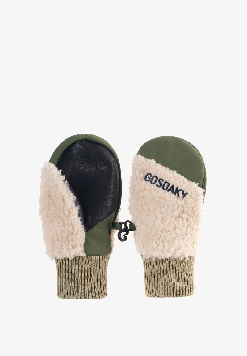 Guanti a manopola con un morbido esterno in pile beige, palmo sintetico verde e polsino a coste verde oliva. Include un dettaglio del logo del marchio.