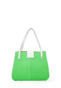 Borsa a rete verde con manici in pelle bianca e una pattina bianca. Caratterizzata da un design spazioso, materiale traspirante e accenti in contrasto.