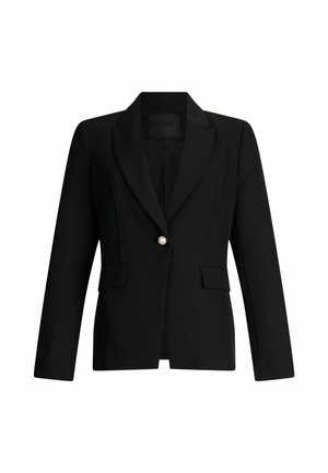 Blazer negro ajustado con solapas con muesca, cierre de un solo botón de perla, dos bolsillos frontales y un corte estructurado. Textura de tela suave.