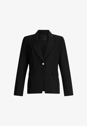 Schwarzer taillierter Blazer mit Reverskragen, einer einzelnen Perlenknopf-Beschluss, zwei Fronttaschen und einer strukturierten Passform. Glatte Stofftextur.