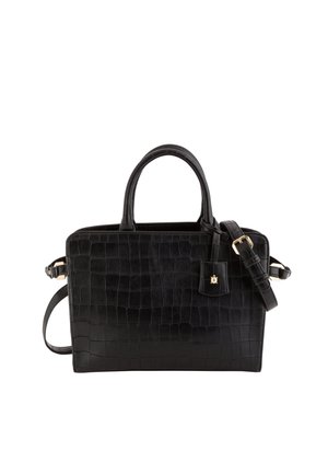 Schwarze Handtasche aus leder mit Krokodilembossing, mit zwei Griffen, abnehmbarem Schulterriemen und goldfarbenen Beschlägen. Strukturiertes, rechteckiges Design.