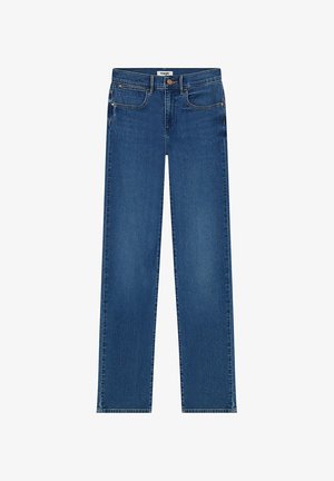 Niebieskie dżinsowe spodnie typu straight-leg z zapięciem na guzik, pięcioma kieszeniami oraz widocznymi detalami szycia. Klasyczny fason i średni odcień wash.