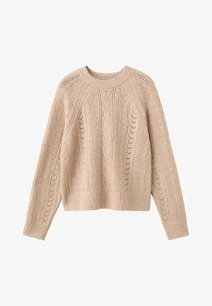 Beige Strickpullover mit Rundhals, Raglanärmeln und geripptem Saum. Offene Strickmuster sorgen für Textur.