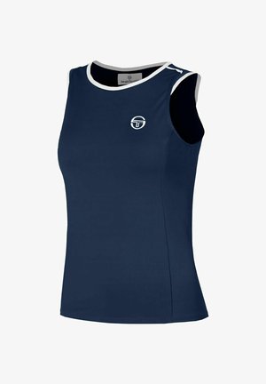 Marineblaues ärmelloses Sporttop mit weißer Einfassung an Ausschnitt und Armlöchern, mit einem kleinen weißen Sergio Tacchini Logo auf der Brust.