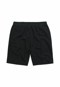 Black knee-length shorts with elastic waistband and vertical seam details on front, displayed on white background.