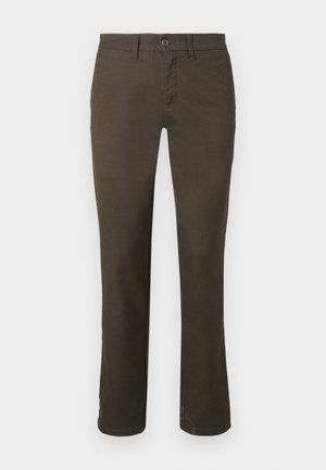 Dark brown pants made of cotton blend. Features a button closure, straight leg design, and subtle texture with no visible patterns or embellishments.