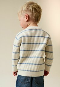Maglione lavorato a maglia di colore chiaro con righe blu, motivo a rilievo e polsini a coste, indossato da un bambino, abbinato a jeans di denim.