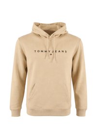 Felpa con cappuccio beige con tasca frontale, cappuccio con coulisse e logo "TOMMY JEANS" con piccolo emblema a bandiera al centro del petto.