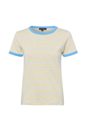 Short-sleeve t-shirt with narrow yellow and white horizontal stripes, blue crew neck and sleeve cuffs, and a small size label inside collar.