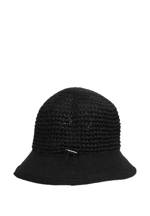 Black woven hat with a rounded top and wide brim. Features a textured crochet design and a small metallic accent on the side.