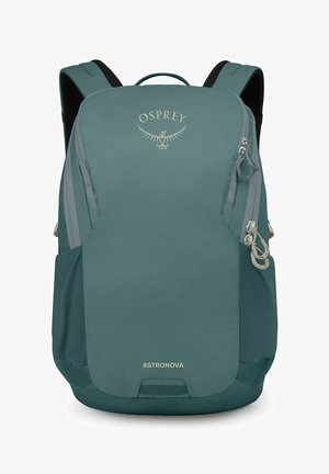 Sac à dos Astronova vert Osprey avec plusieurs compartiments zippés et bretelles rembourrées, conçu pour une utilisation en plein air.