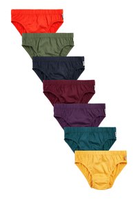 Ensemble de sept paires de slips en coton de différentes couleurs : rouge, vert, marine, bordeaux, violet, sarcelle et jaune. Taille élastique, design sans coutures.