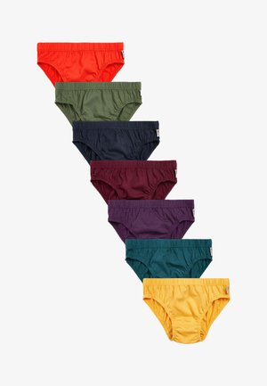 Set aus sieben Paar Baumwollslips in verschiedenen Farben: Rot, Grün, Marineblau, Burgunder, Lila, Türkis und Gelb. Elastischer Bund, nahtloses Design.