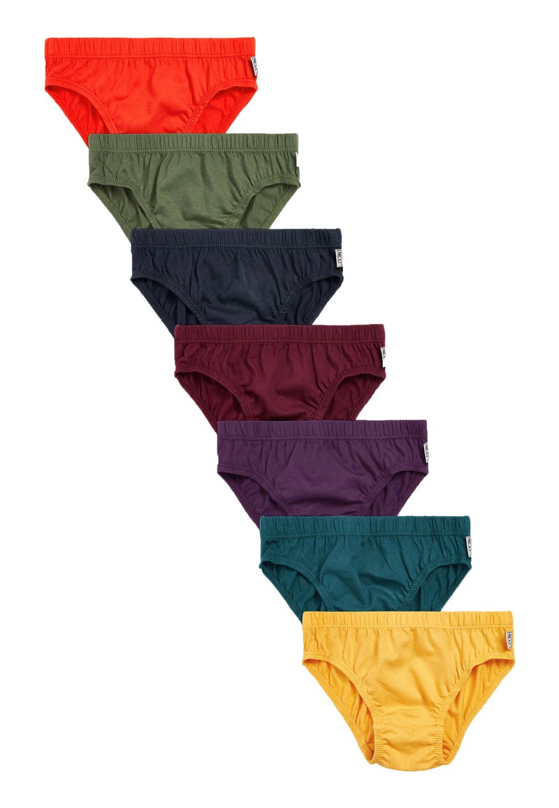 Ensemble de sept paires de slips en coton de différentes couleurs : rouge, vert, marine, bordeaux, violet, sarcelle et jaune. Taille élastique, design sans coutures.