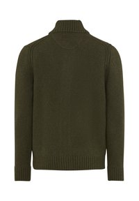 Donkergroen gebreide trui met een hoge kraag, ribbelmanchetten en -zoom. Heeft schoudernaden met subtiele details.