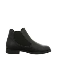 Schwarze Leder-Stiefelette mit elastischen Seiteneinsätzen, runder Zehenpartie und niedrigem Blockabsatz. Glatte Oberfläche mit minimalen Nähdetails.