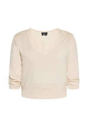 Beige cropped sweater with a V-neck, three-quarter sleeves, and ribbed hem; made of soft, smooth knit fabric.
