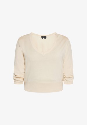 Béžový skrátený sveter s výstrihom do V, trojštvrťovými rukávmi a rebrovaným lemom; vyrobený z jemnej, hladkej pleteniny.