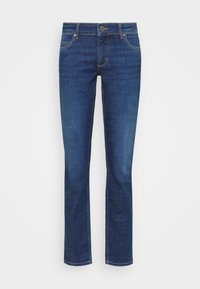 Jeans de mezclilla en un tono azul oscuro con un diseño de pierna recta. Las características incluyen un cierre de botón, presillas para cinturón y bolsillos frontales.