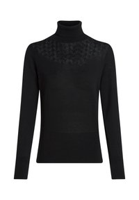 Schwarzer Rollkragenpullover mit langen Ärmeln, der im oberen Bereich ein strukturiertes Muster sowie gerippte Bündchen und Saum für eine enganliegende Passform aufweist.