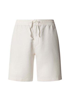 Off-white katoenen shorts met elastische tailleband en voorste trekkoord, knielengte, zonder zichtbare zakken of logo's.