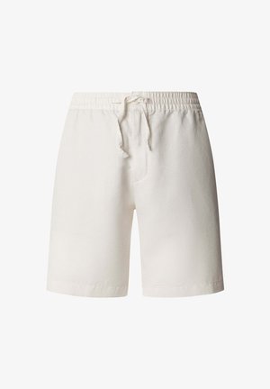 Kremowe bawełniane szorty z elastycznym pasem i przednim sznurkiem, sięgające do kolan, bez widocznych kieszeni ani logo.
