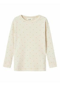 Top a maniche lunghe color crema chiaro realizzato in tessuto a coste. Presenta piccoli motivi a forma di cuore marrone chiaro distribuiti uniformemente. Collo a giro e maniche con polsino.