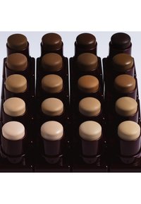 Set of 16 cylindrical foundation products in varying skin tones, housed in dark brown containers with rounded tops, arranged in a grid.