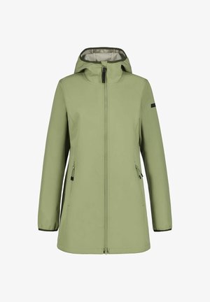 Vaaleanvihreä pitkä sadetakki, jossa on huppu, vetoketjulla edessä ja vetoketjulliset sivutaskut. Takki on esitetty valkoisella taustalla.