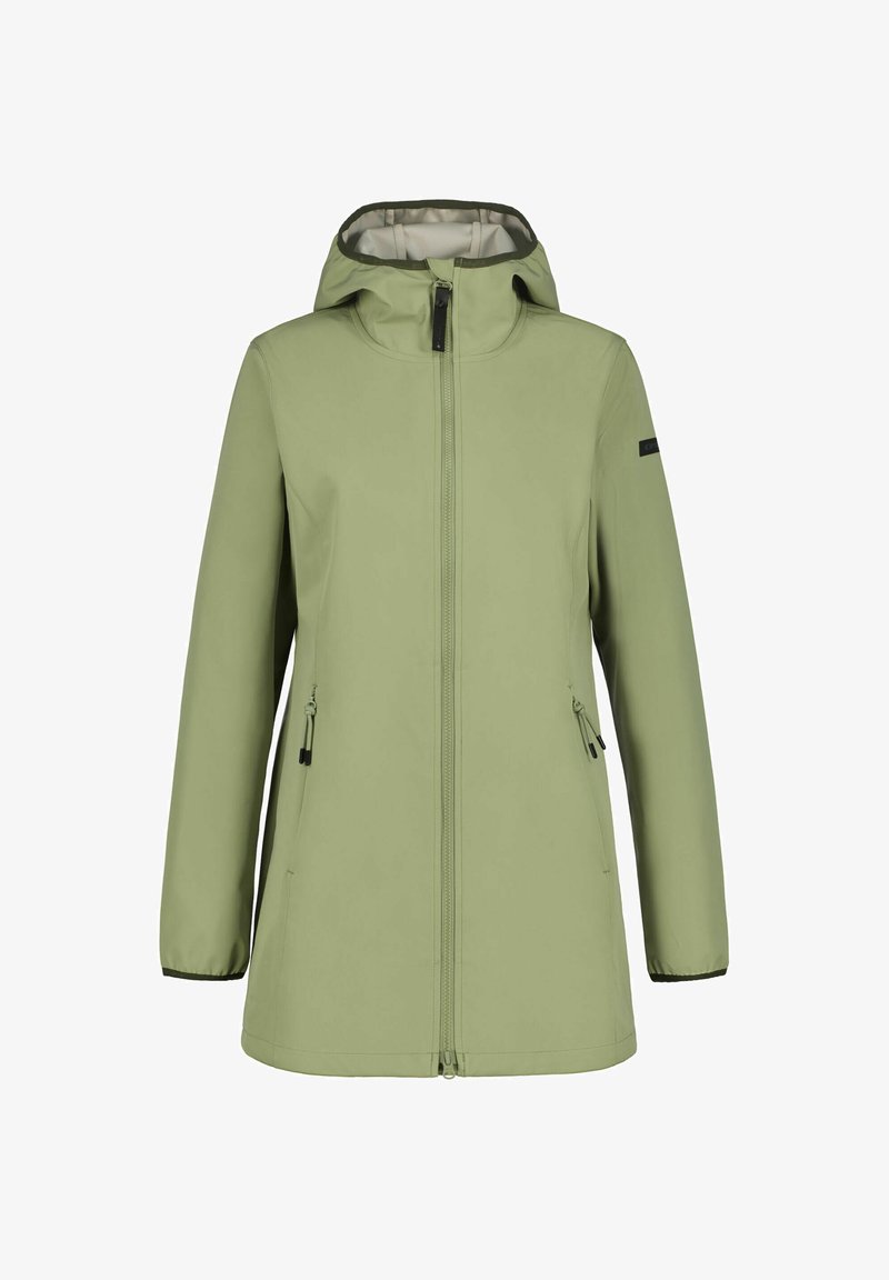 Hellgrüner langer Regenmantel mit Kapuze, Frontreißverschluss und Reißverschlusstaschen an den Seiten, dargestellt auf weißem Hintergrund.