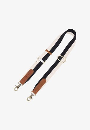 Canvas shoulder strap featuring a beige and navy striped pattern, leather accents, and metal snap hooks, designed for durability and style.